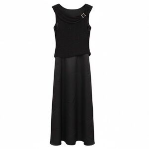 Classy Elegant Black Long Floor Length Sparkly Silky Sleeveless Patra Dress